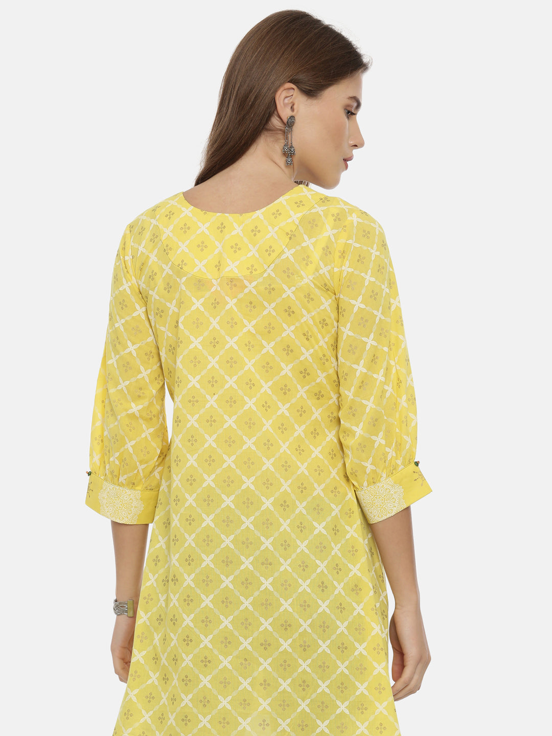 Neerus Yellow cotton printed flared kurta - detail view 3