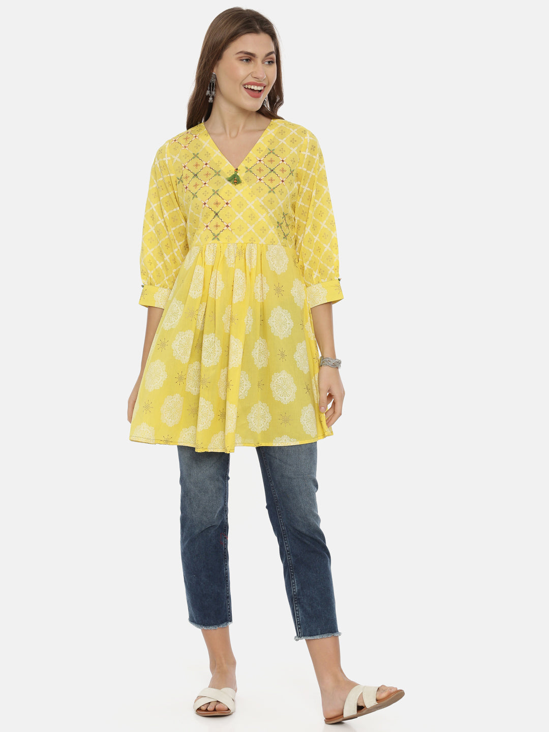 Neerus Yellow cotton printed flared kurta - front view