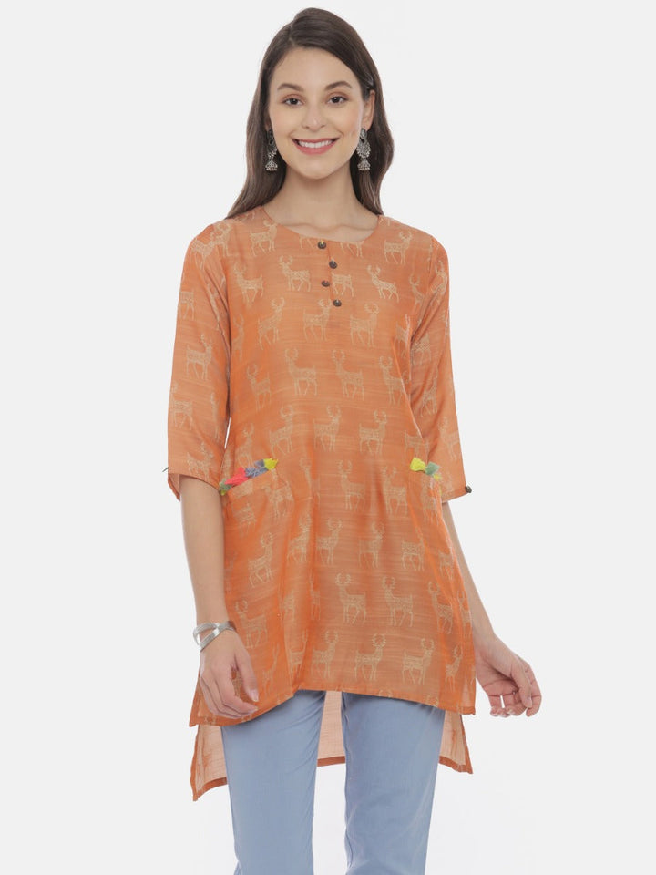 Neerus Brown cotton printed high-low kurti - back view