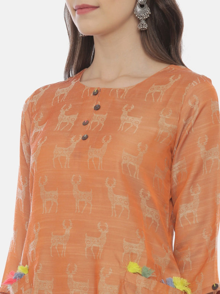 Neerus Brown cotton printed high-low kurti - side view