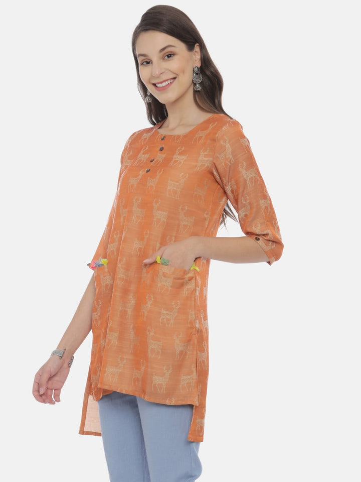 Neerus Brown cotton printed high-low kurti - detail view 1