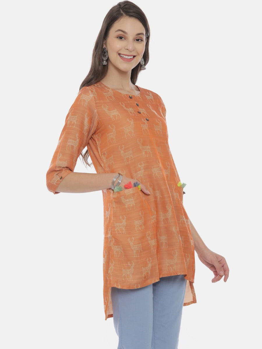 Neerus Brown cotton printed high-low kurti - detail view 2
