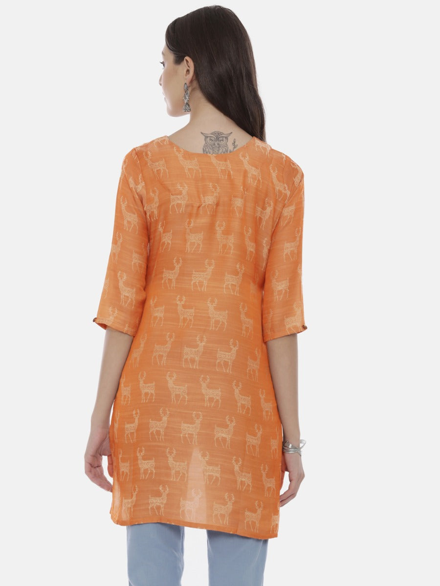 Neerus Brown cotton printed high-low kurti - detail view 3