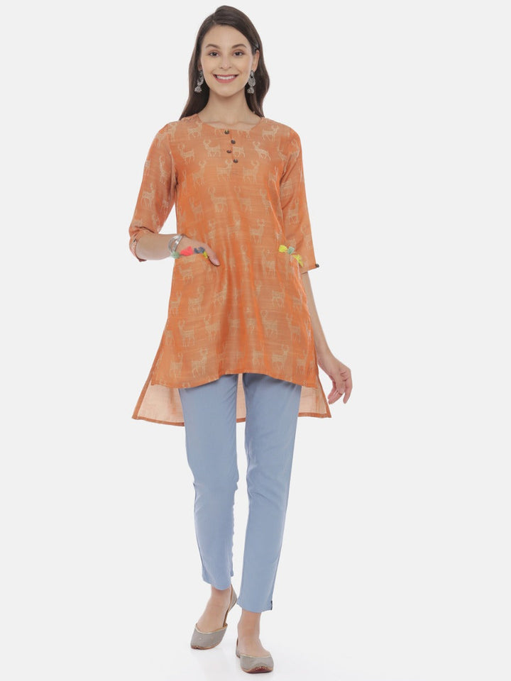 Neerus Brown cotton printed high-low kurti - front view