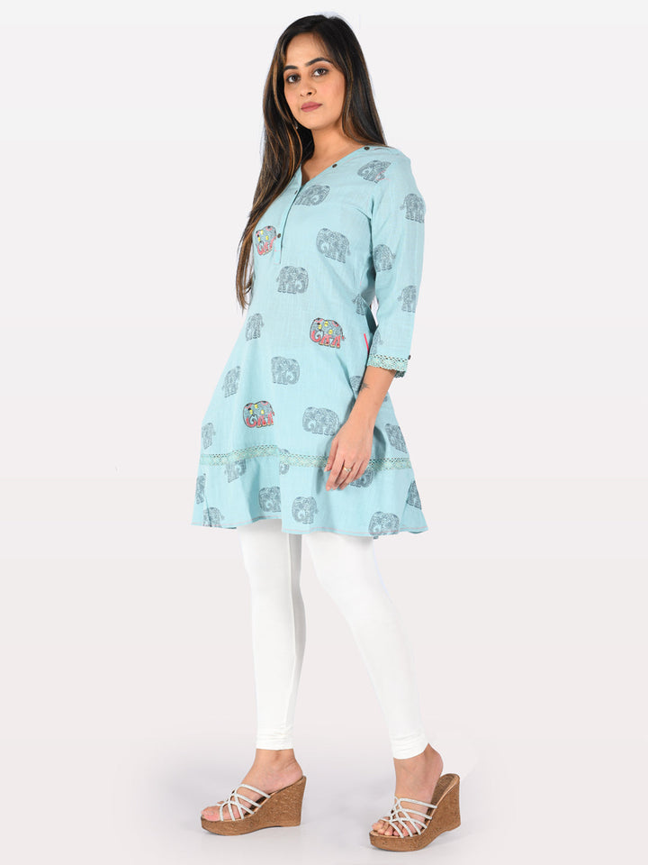 Neerus Blue cotton printed A-Line kurta - detail view 2