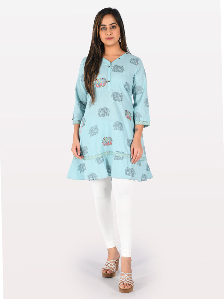 Neerus Blue cotton printed A-Line kurta - detail view 1