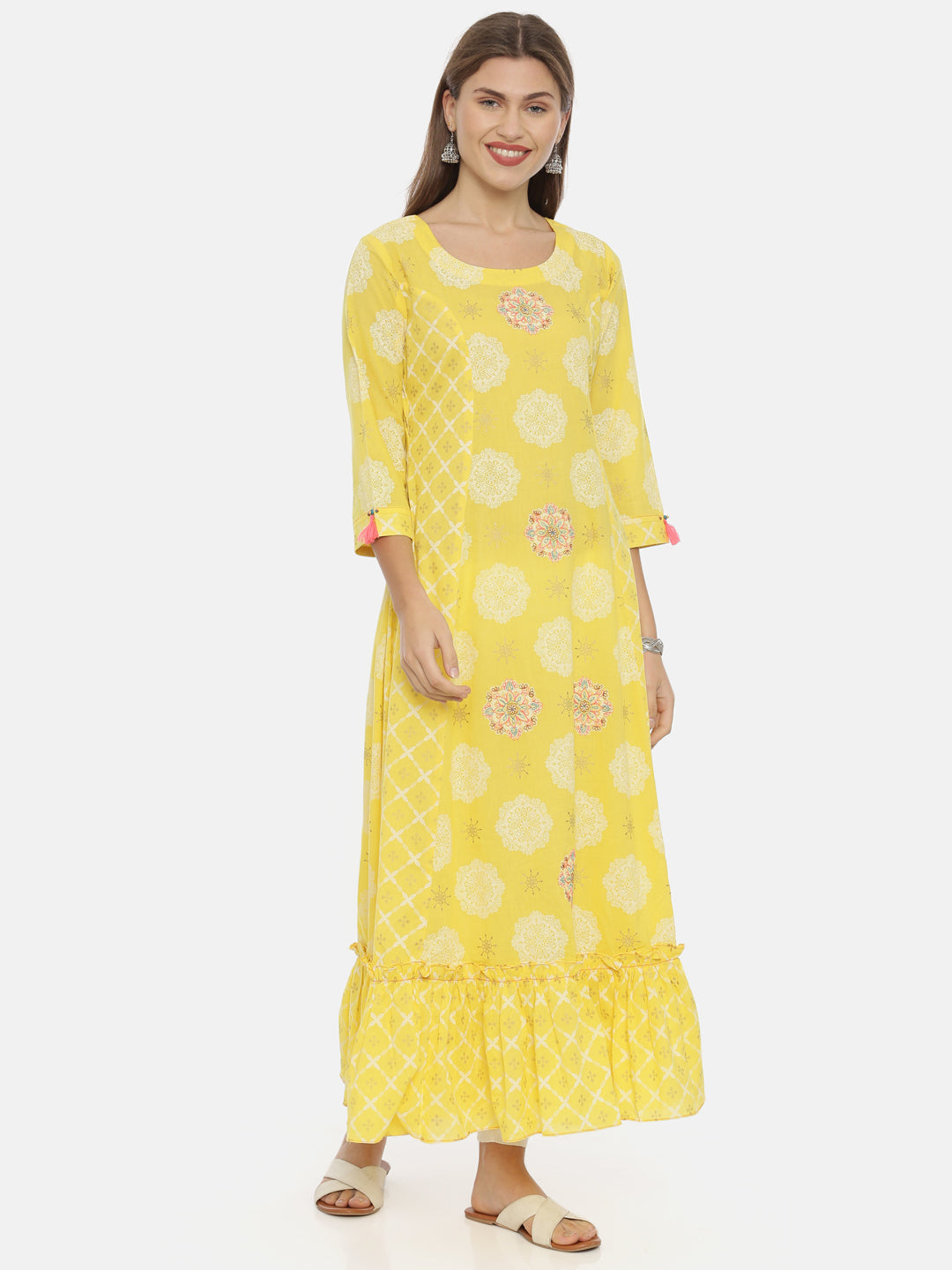 Neerus Yellow cotton printed anarkali kurta - front view
