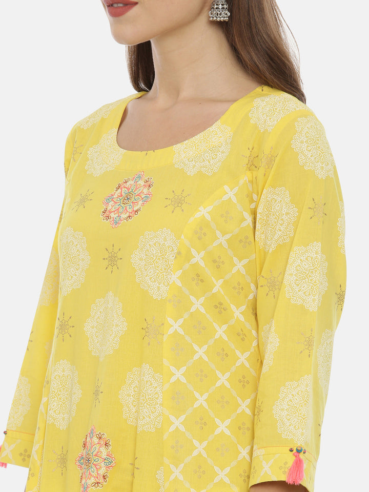 Neerus Yellow cotton printed anarkali kurta - back view