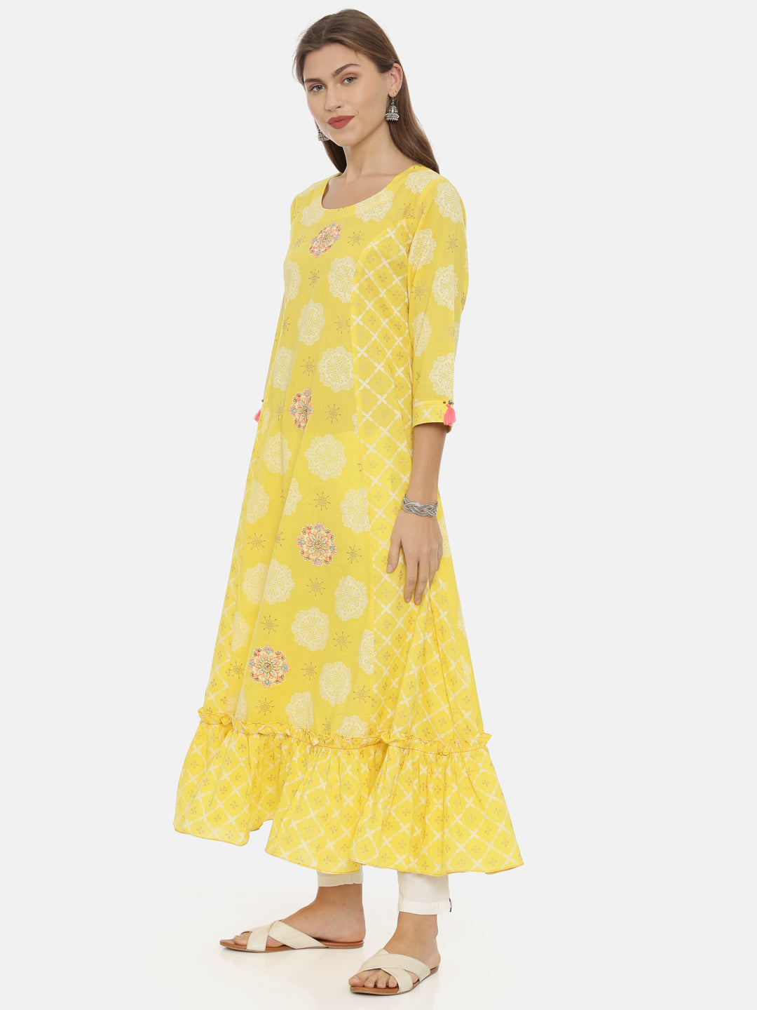 Neerus Yellow cotton printed anarkali kurta - side view