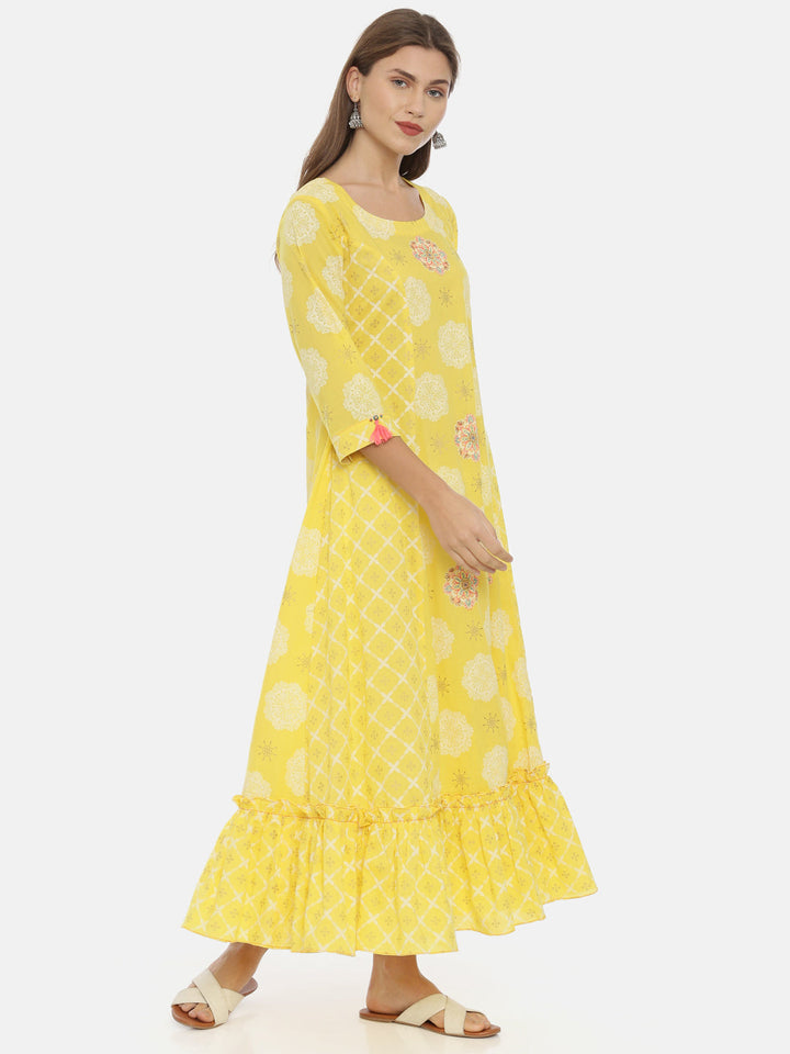 Neerus Yellow cotton printed anarkali kurta - detail view 1