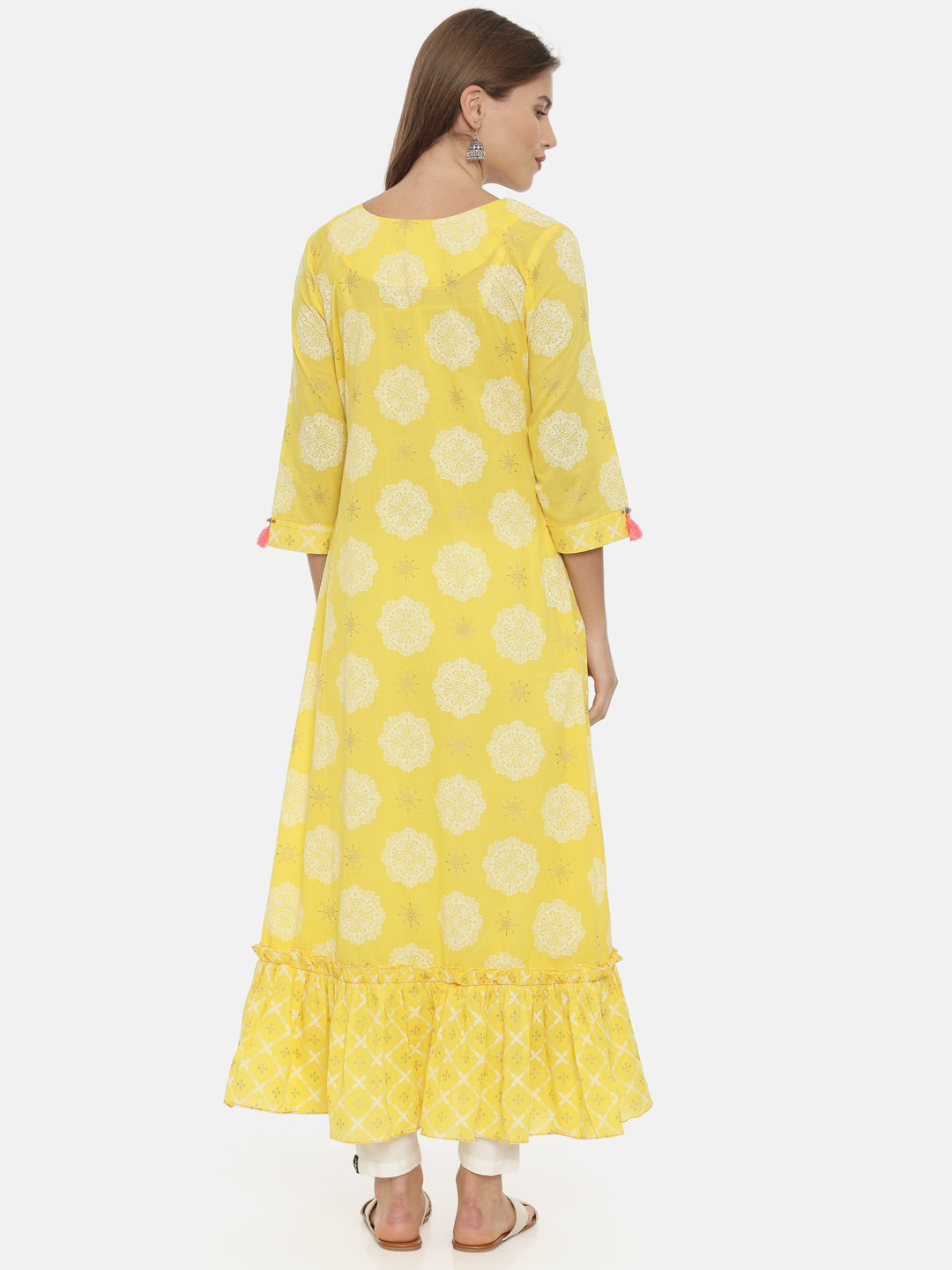 Neerus Yellow cotton printed anarkali kurta - detail view 2