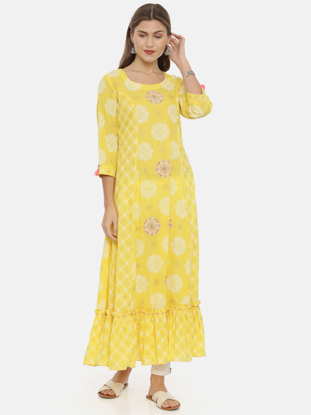 Neerus Yellow cotton printed anarkali kurta - detail view 3