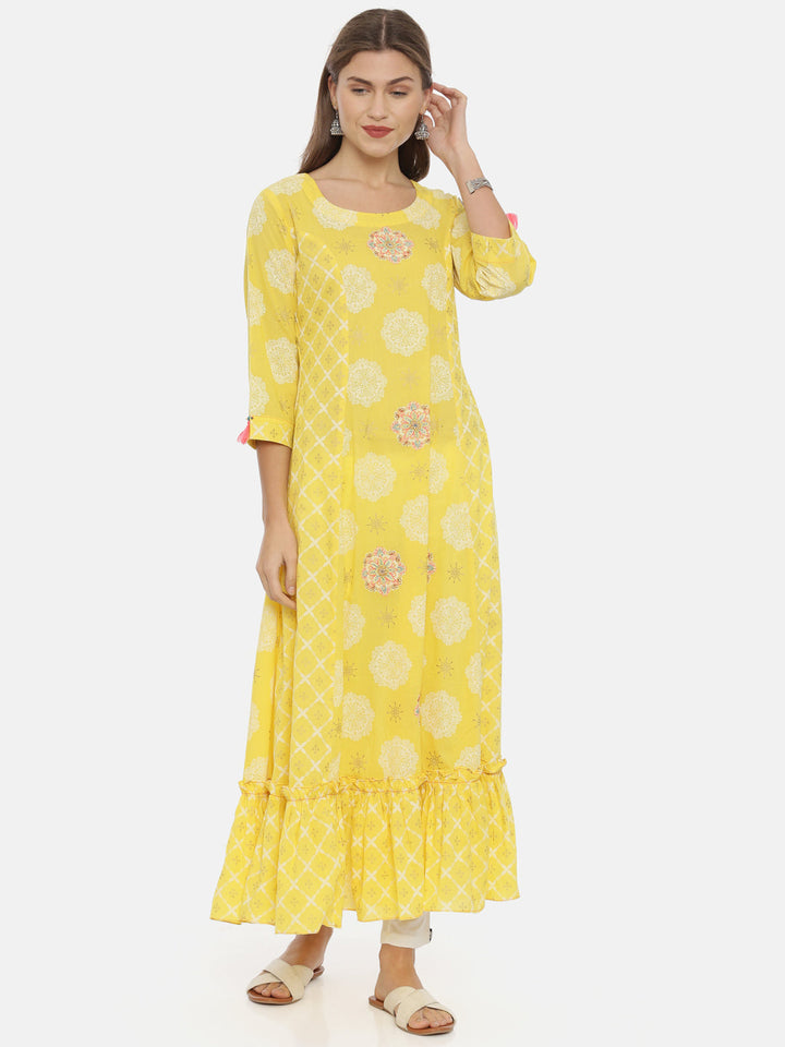 Neerus Yellow cotton printed anarkali kurta - detail view 3