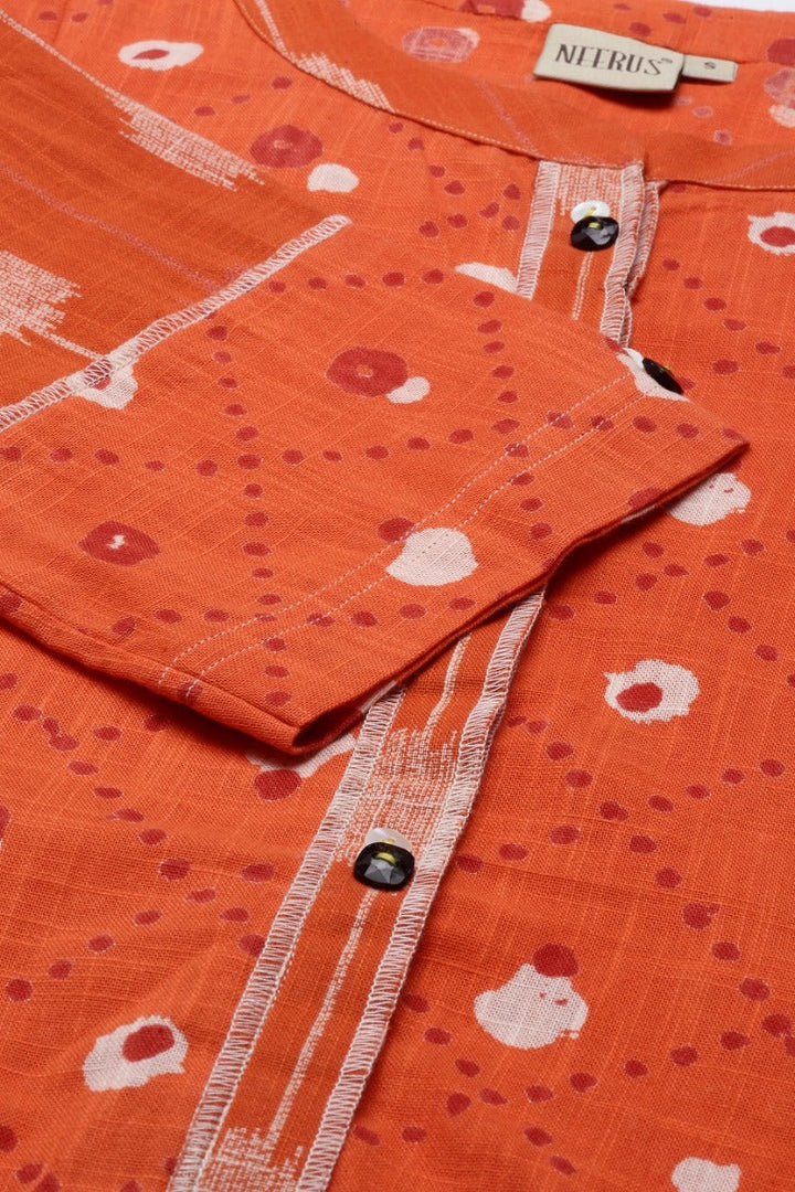 Neerus Orange cotton straight kurti tunic - detail view 5