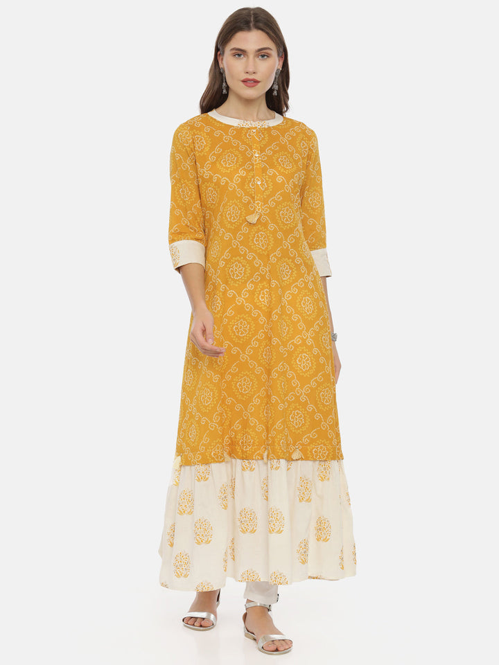 Neerus Yellow cotton bandhani anarkali dress - front view
