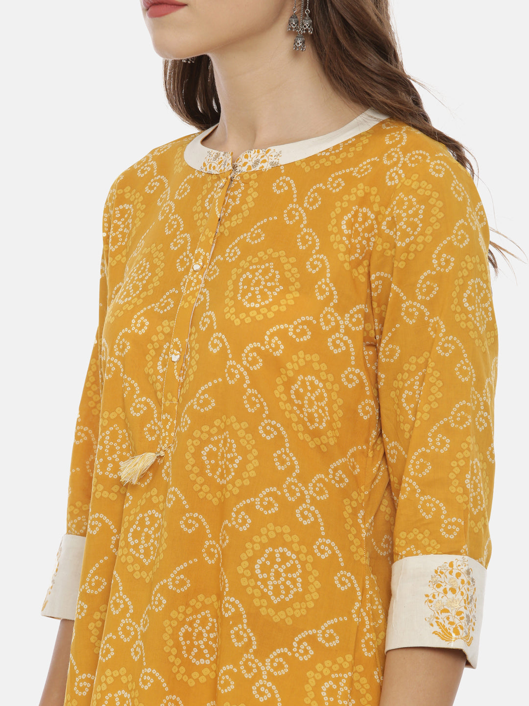 Neerus Yellow cotton bandhani anarkali dress - back view