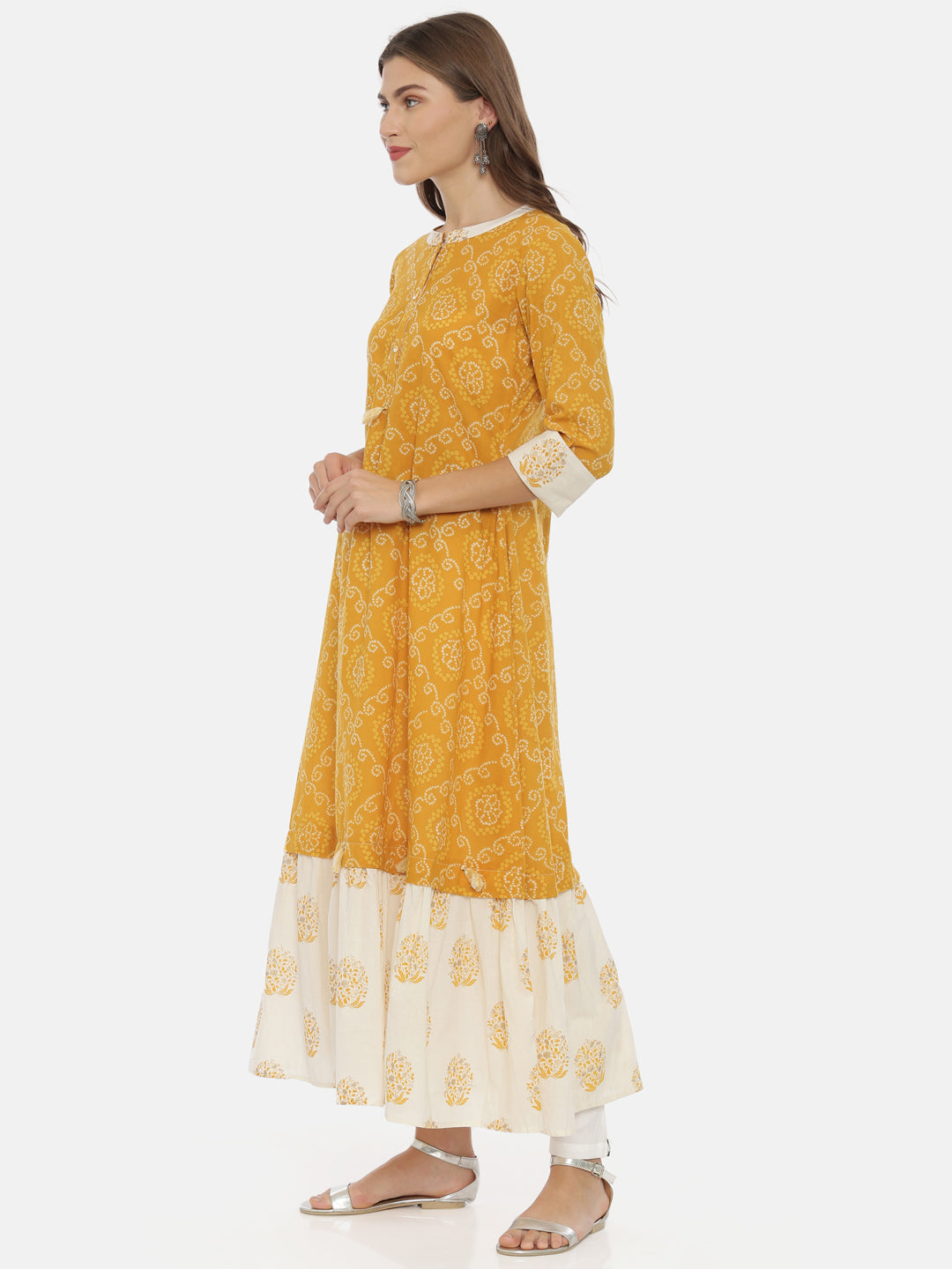 Neerus Yellow cotton bandhani anarkali dress - side view
