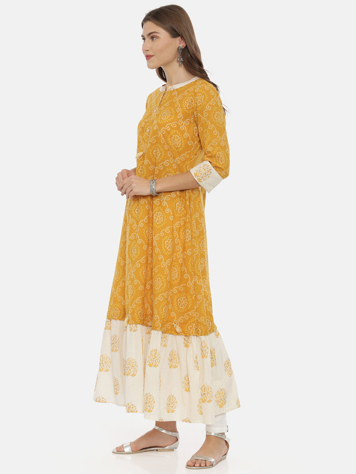 Neerus Yellow cotton bandhani anarkali dress - side view