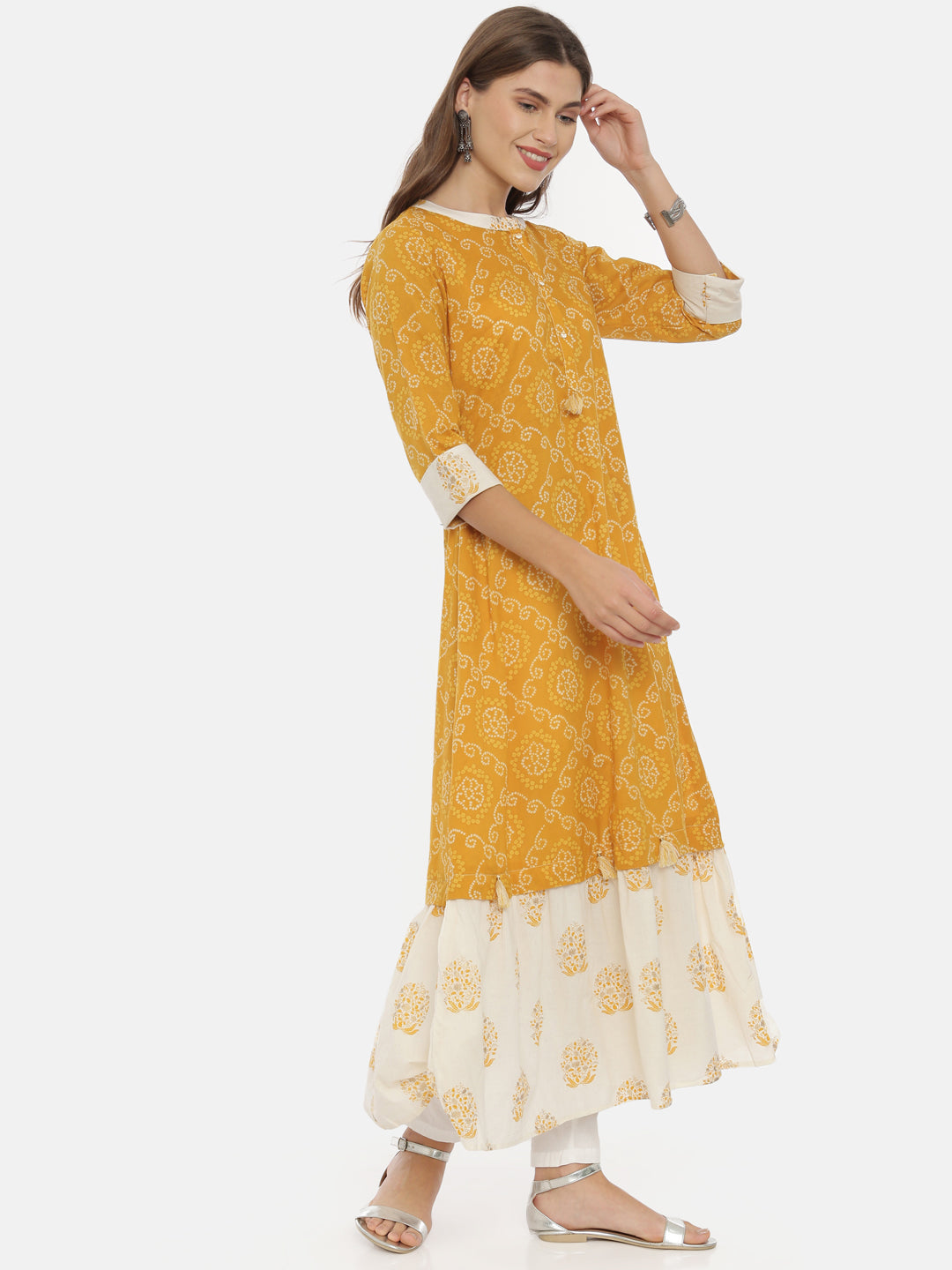 Neerus Yellow cotton bandhani anarkali dress - detail view 1