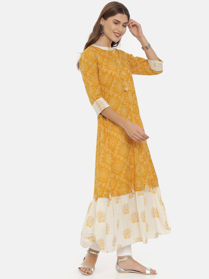 Neerus Yellow cotton bandhani anarkali dress - detail view 1