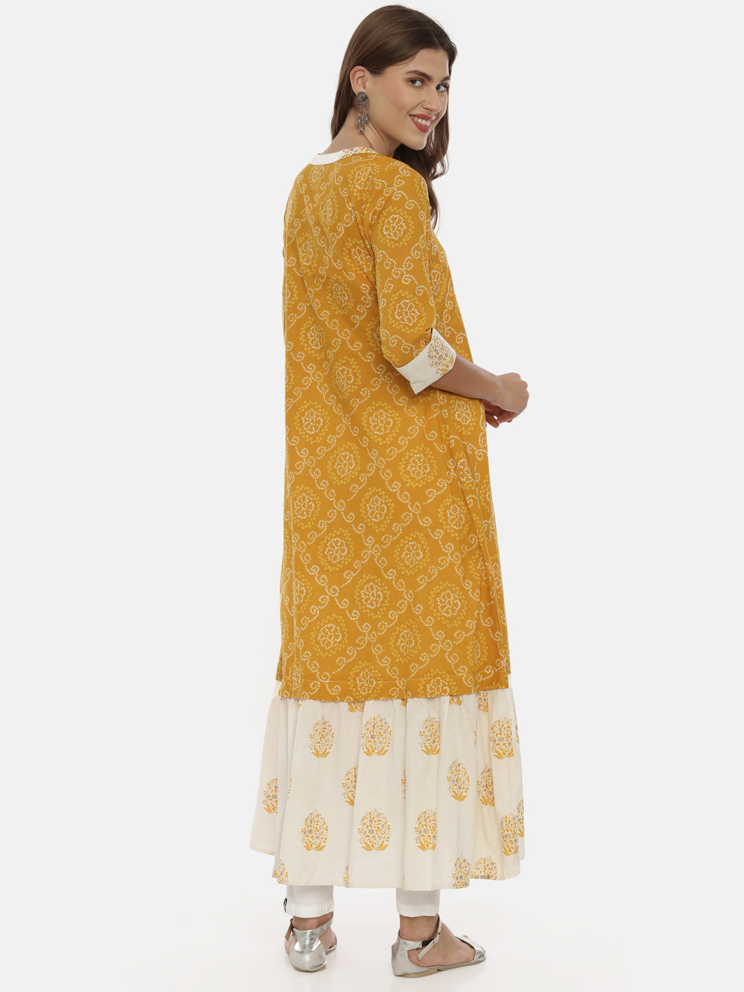 Neerus Yellow cotton bandhani anarkali dress - detail view 2
