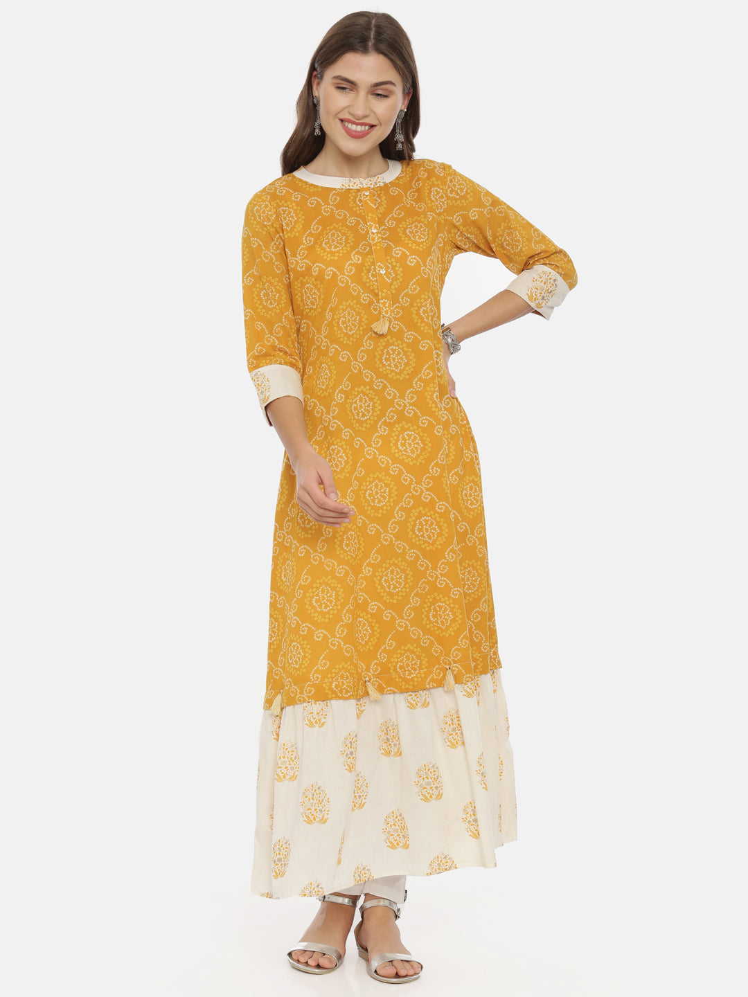 Neerus Yellow cotton bandhani anarkali dress - detail view 3
