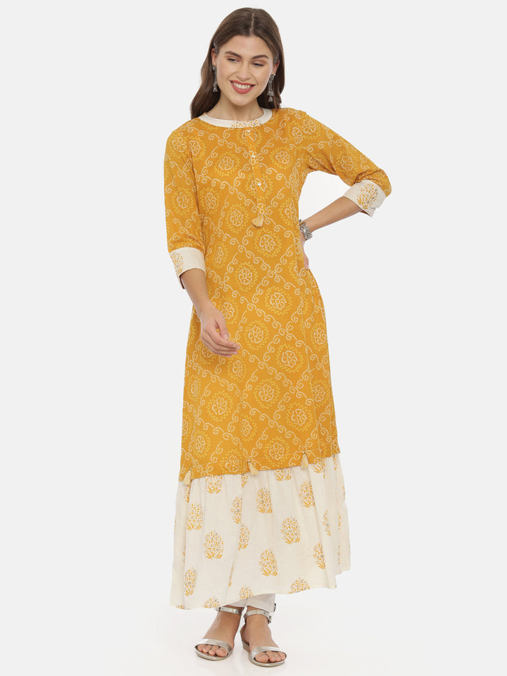 Neerus Yellow cotton bandhani anarkali dress - detail view 3
