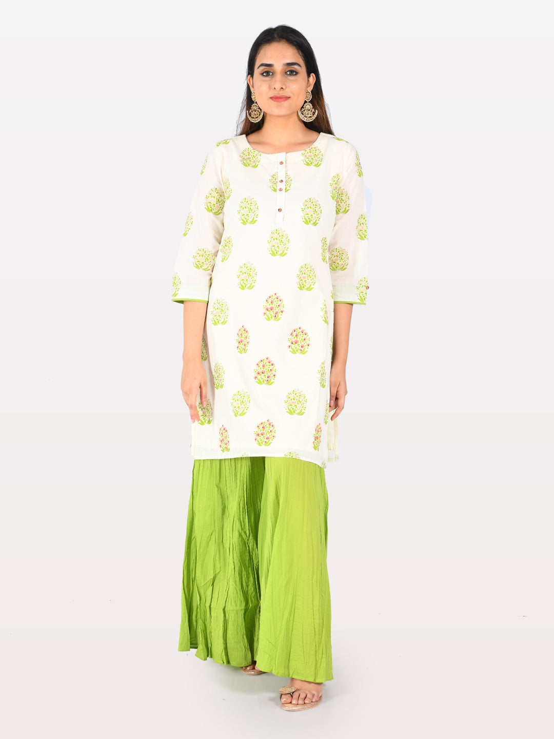 Neerus White cotton printed straight kurta with palazzo - front view