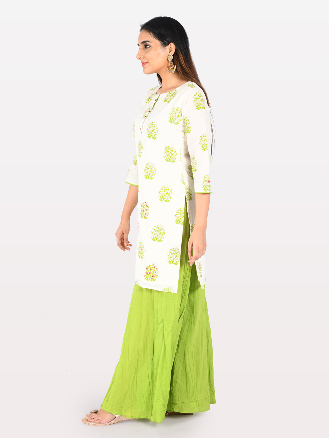 Neerus White cotton printed straight kurta with palazzo - back view