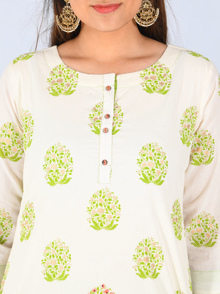 Neerus White cotton printed straight kurta with palazzo - detail view 2