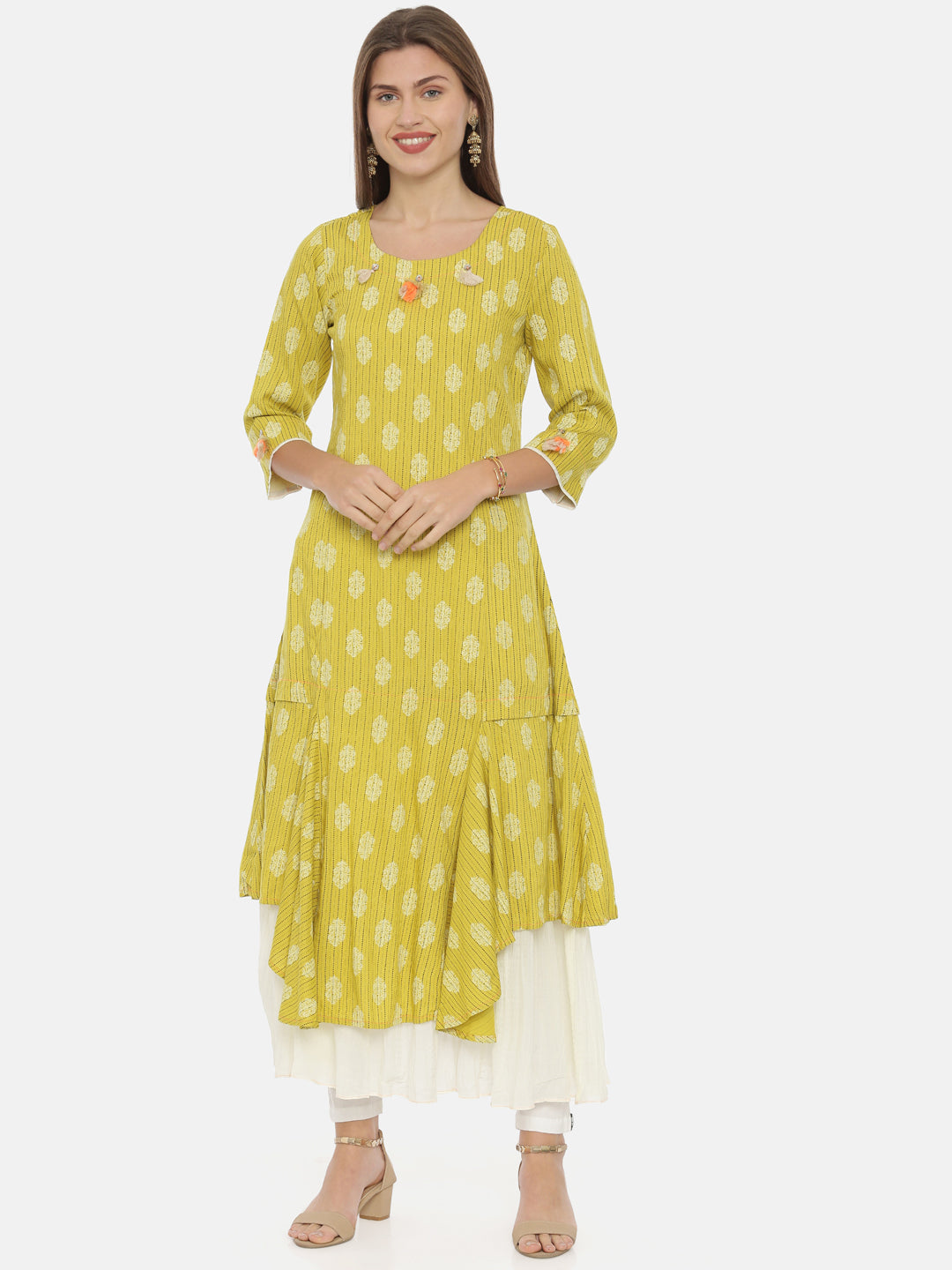 Neerus Yellow rayon printed high-low kurta - front view
