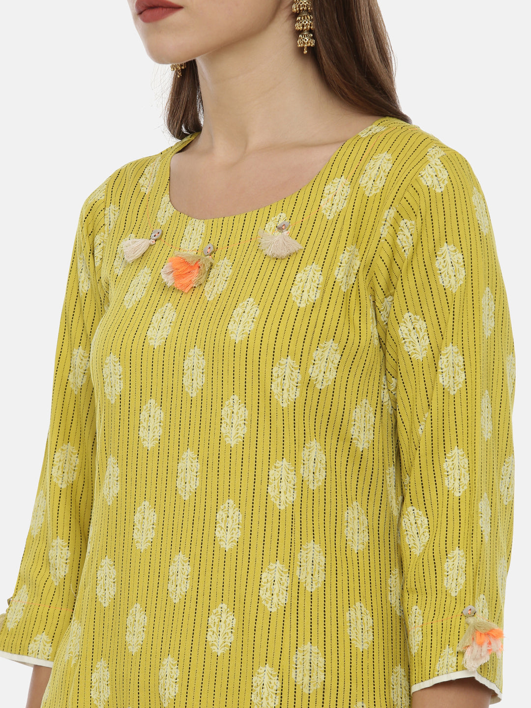 Neerus Yellow rayon printed high-low kurta - back view