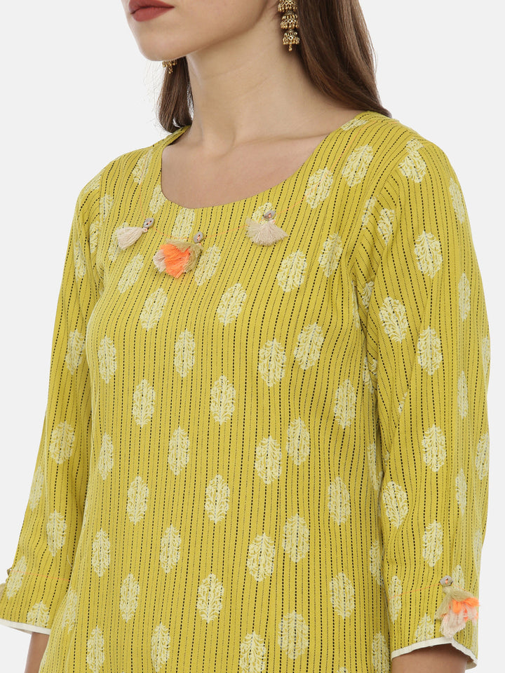 Neerus Yellow rayon printed high-low kurta - back view
