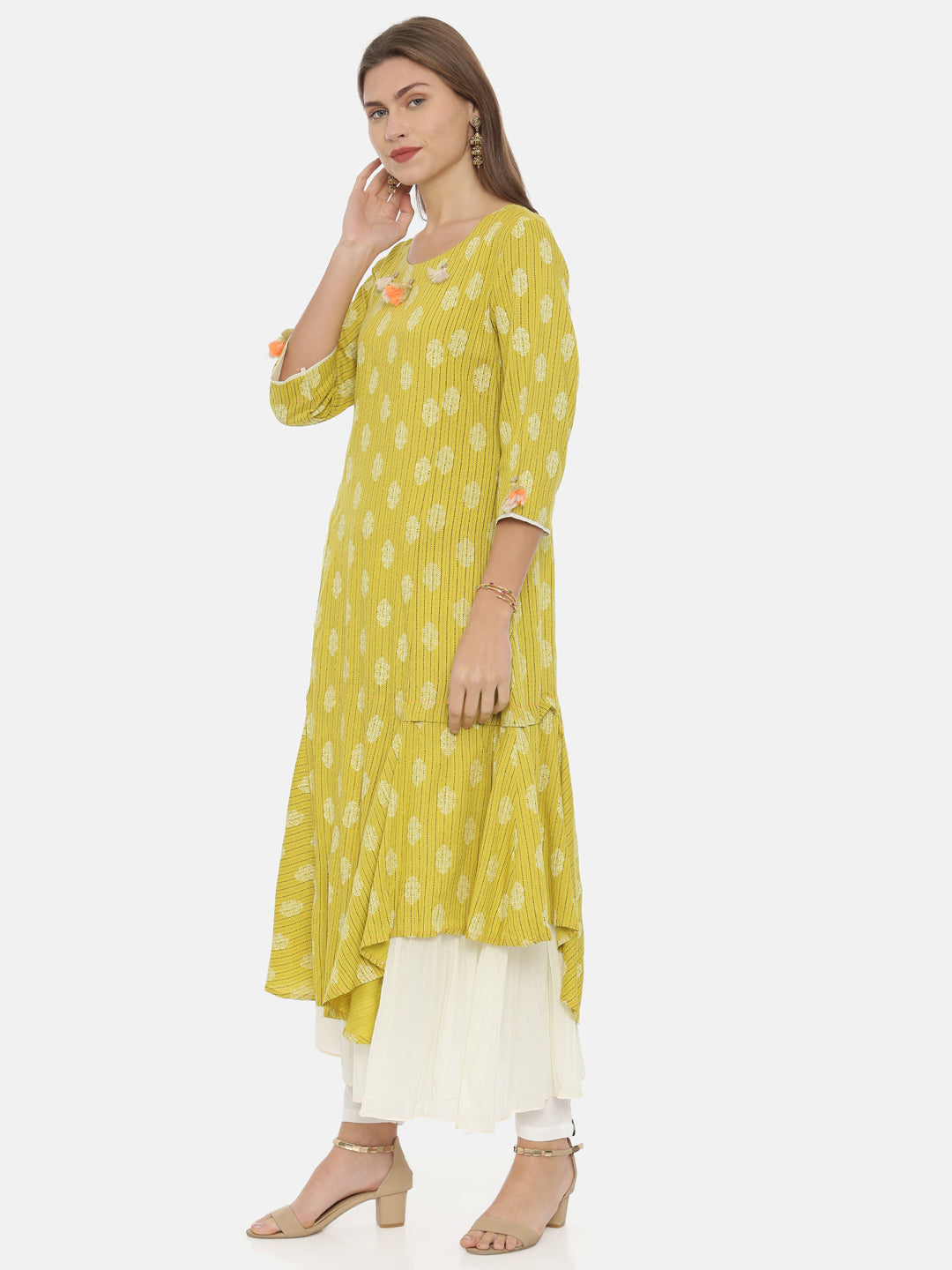 Neerus Yellow rayon printed high-low kurta - side view