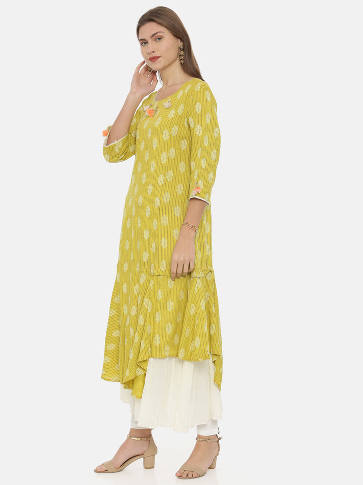 Neerus Yellow rayon printed high-low kurta - side view