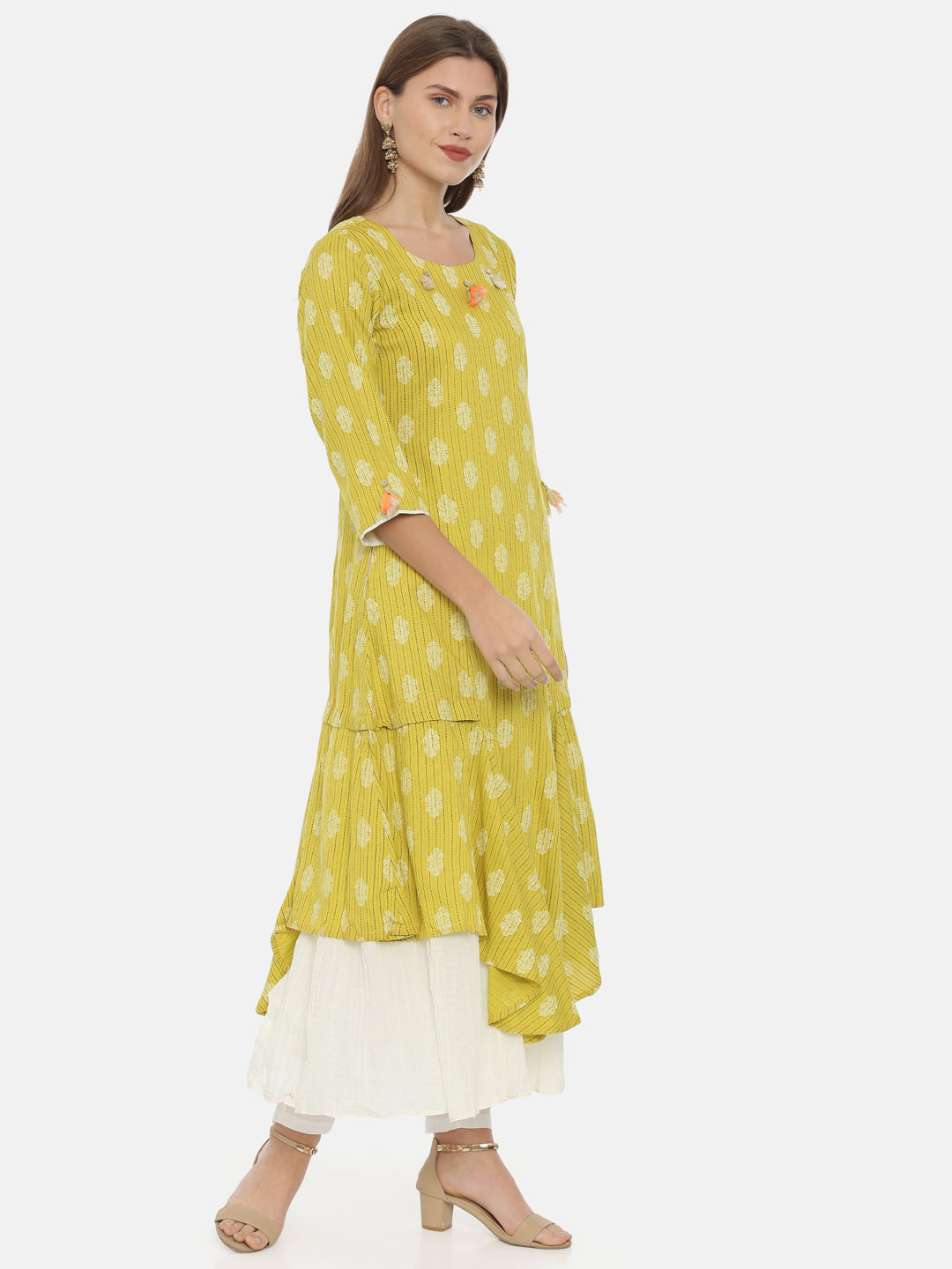 Neerus Yellow rayon printed high-low kurta - detail view 1