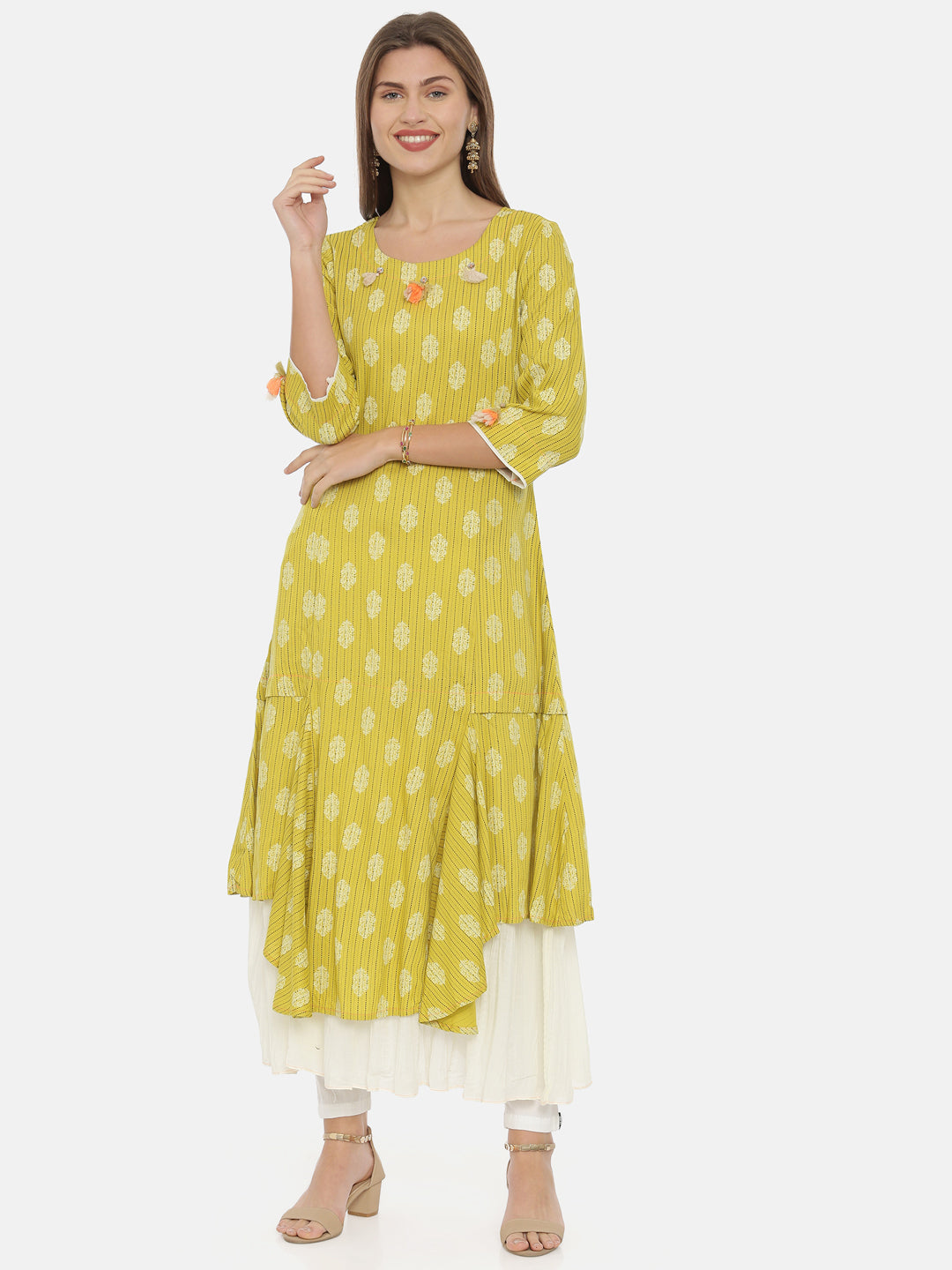 Neerus Yellow rayon printed high-low kurta - detail view 3