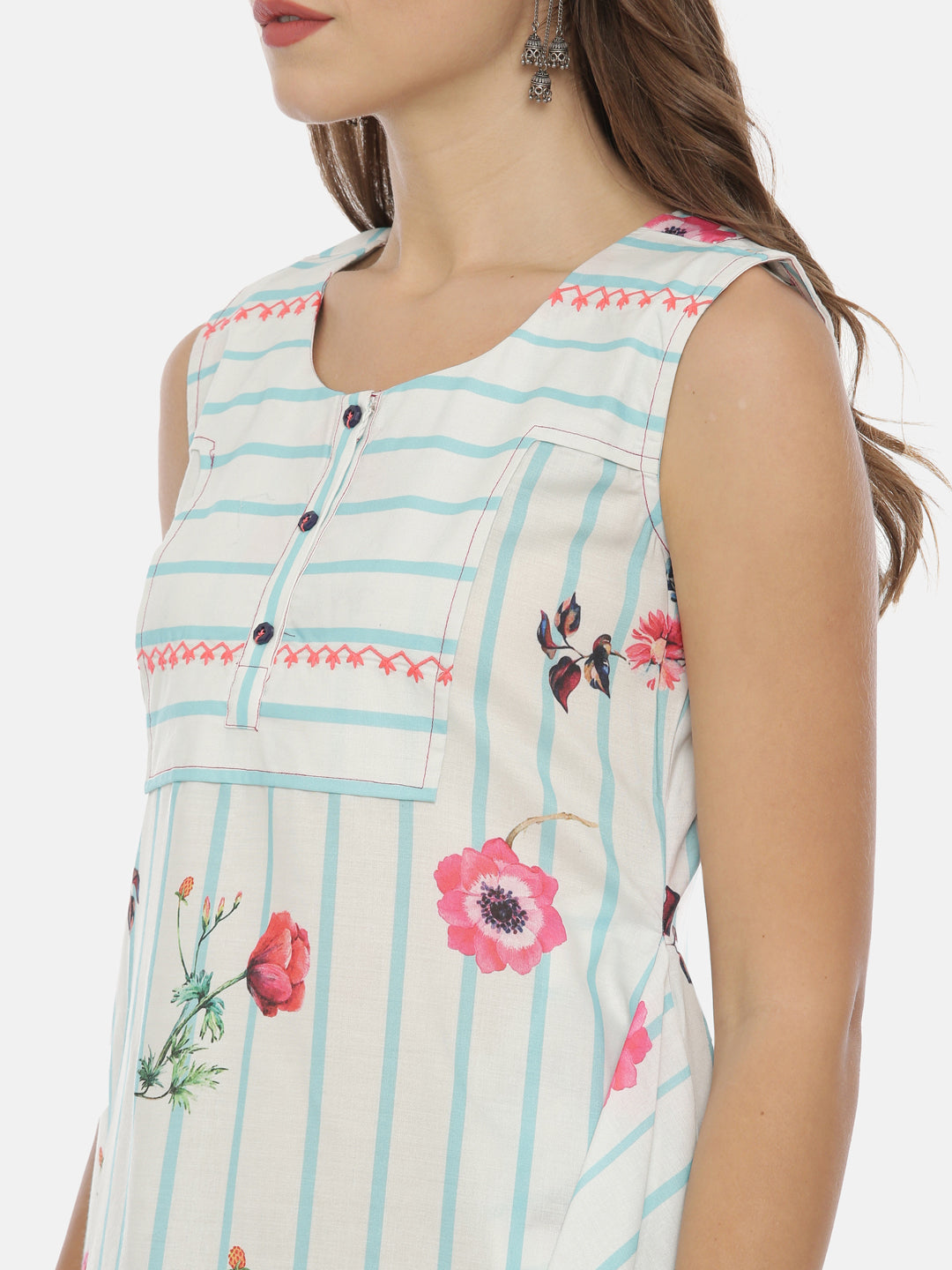 Neerus White cotton printed high-low kurti - back view