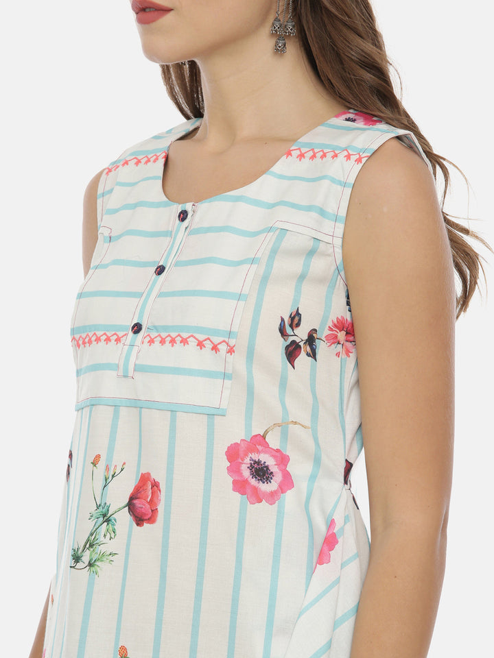 Neerus White cotton printed high-low kurti - back view