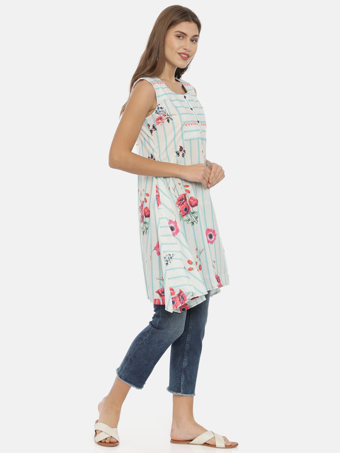 Neerus White cotton printed high-low kurti - detail view 1