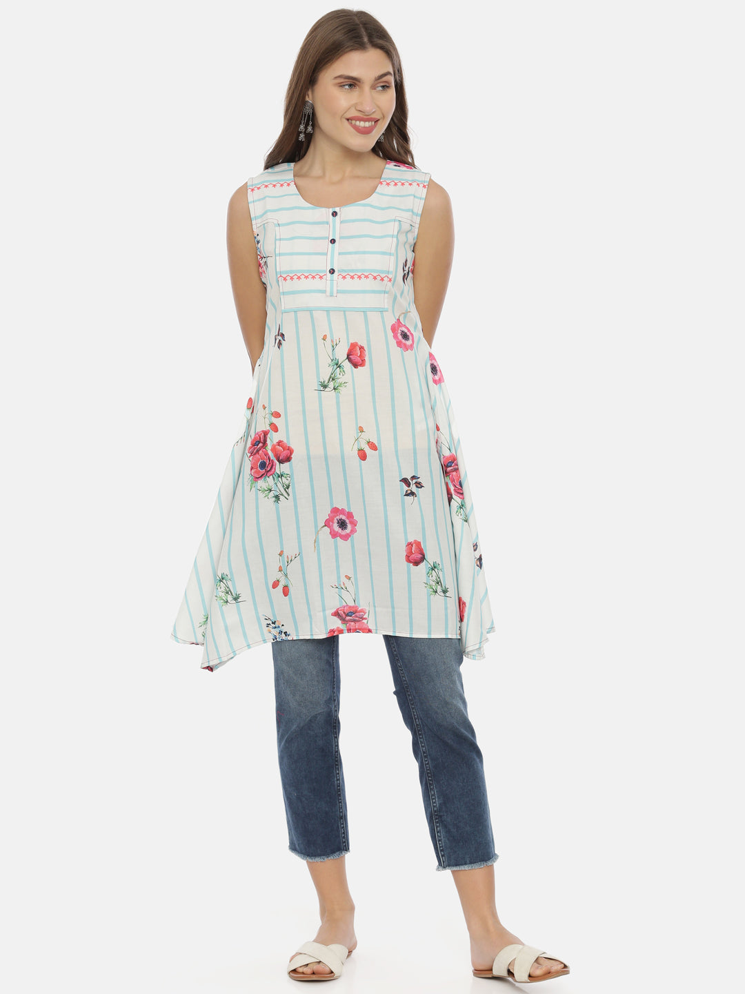 Neerus White cotton printed high-low kurti - detail view 3