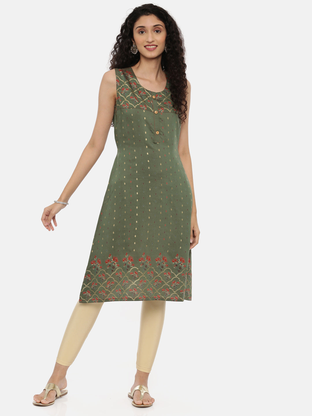 Neerus Green muslin printed A-line kurta - front view