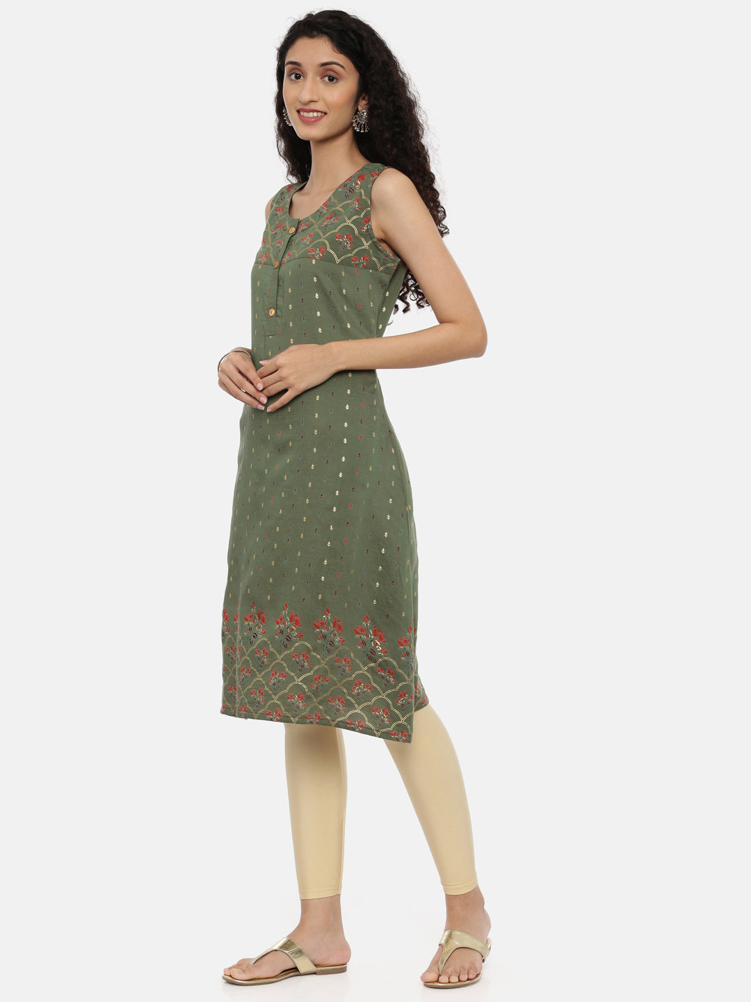 Neerus Green muslin printed A-line kurta - side view