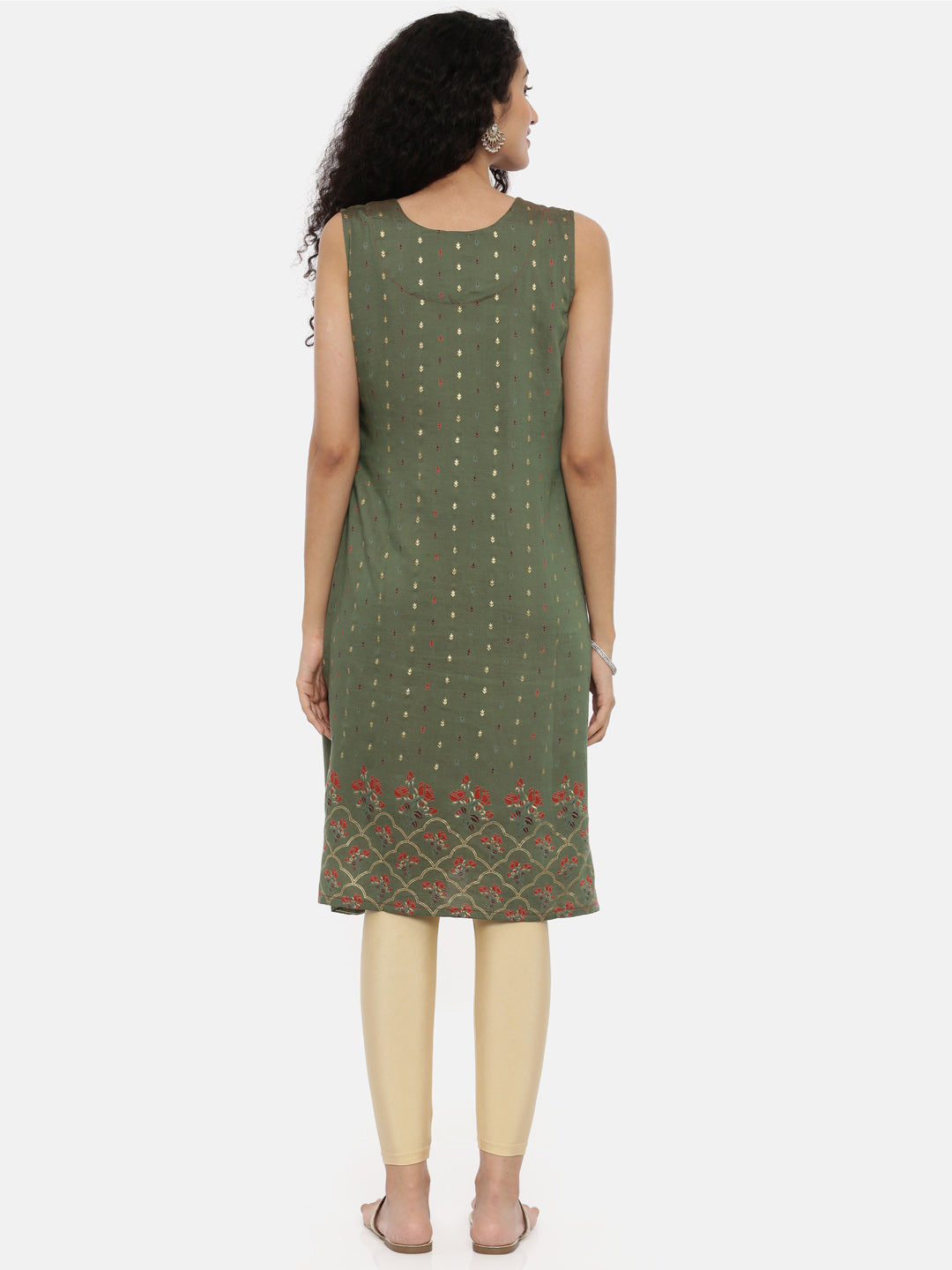 Neerus Green muslin printed A-line kurta - detail view 1