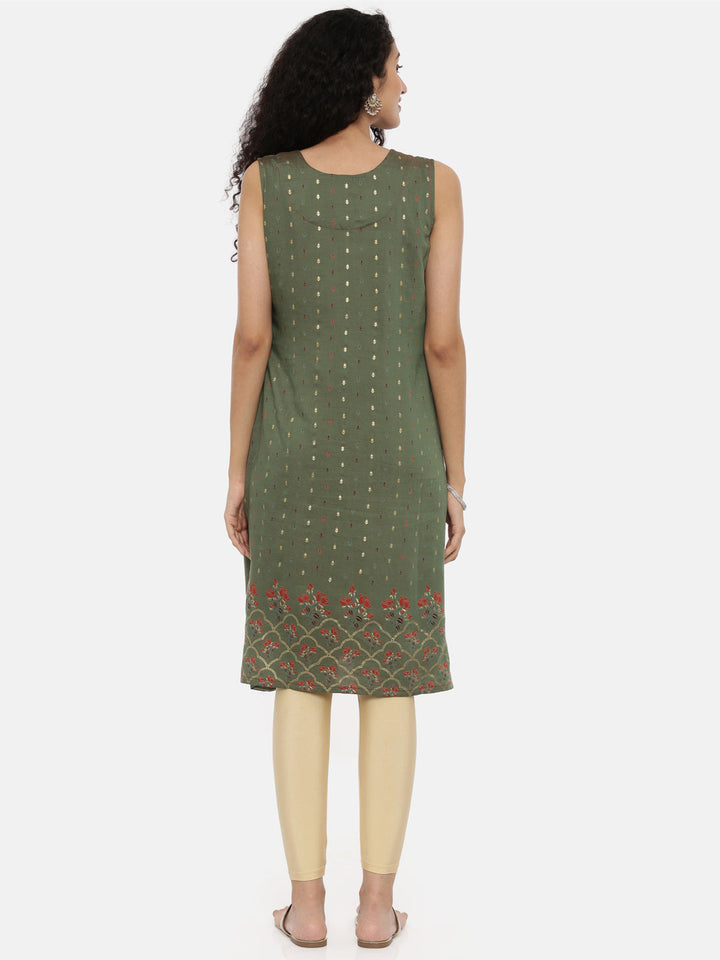 Neerus Green muslin printed A-line kurta - detail view 1