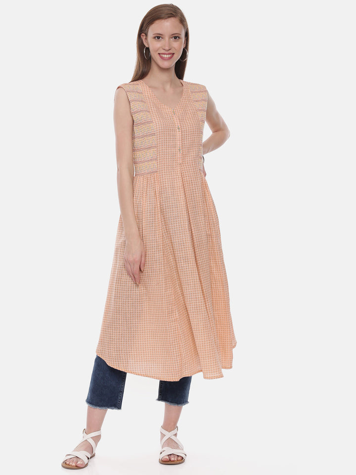 Neerus Pink cotton printed A-Line kurta - front view