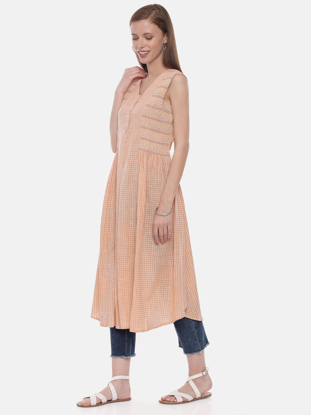 Neerus Pink cotton printed A-Line kurta - side view