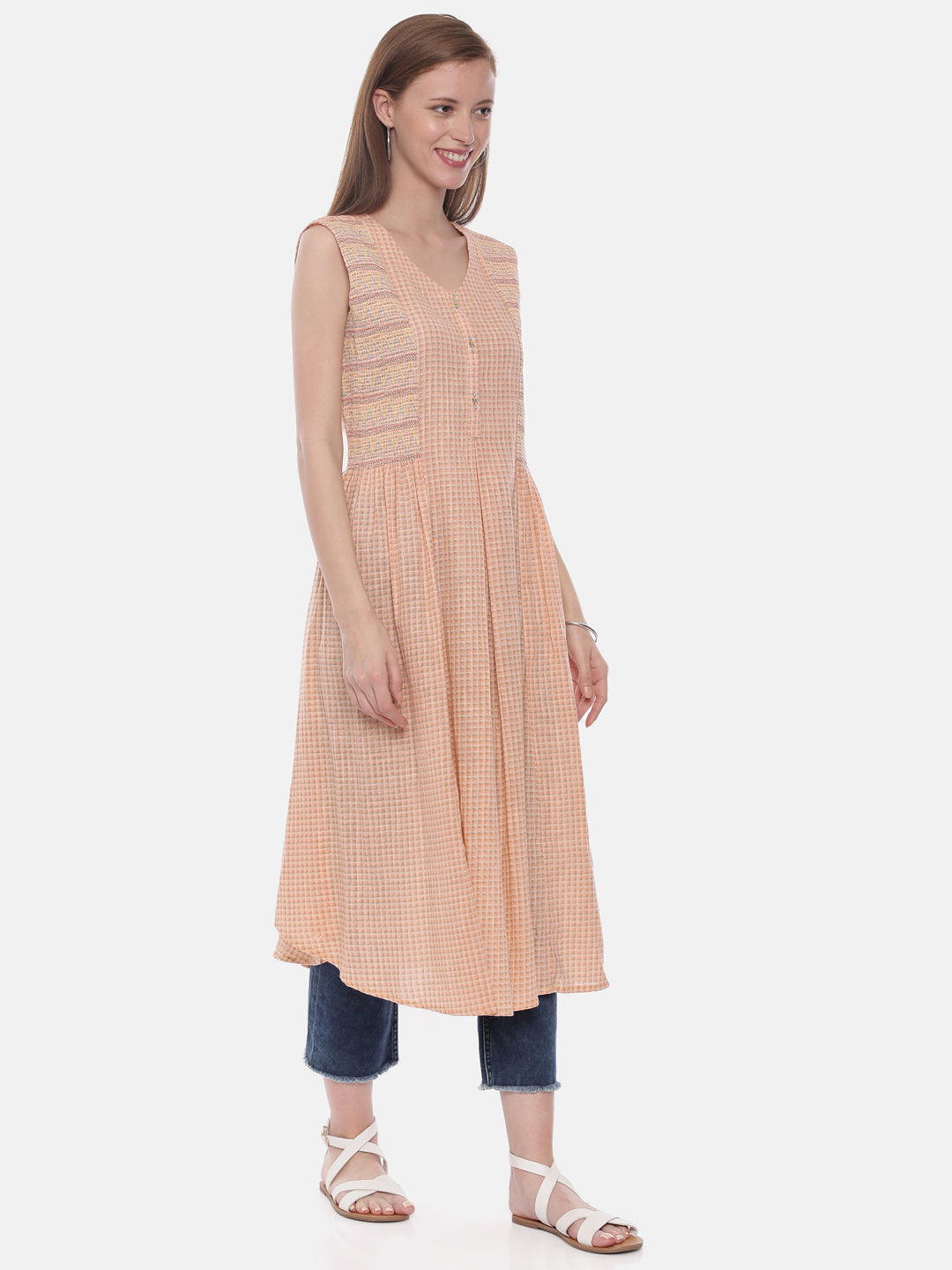 Neerus Pink cotton printed A-Line kurta - detail view 1