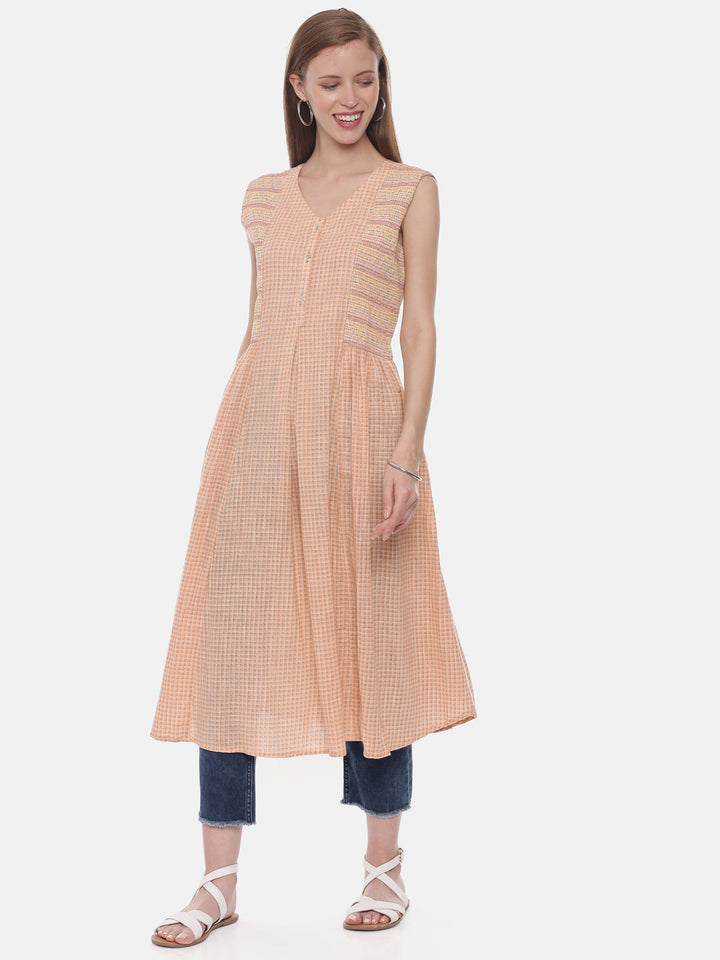 Neerus Pink cotton printed A-Line kurta - detail view 3