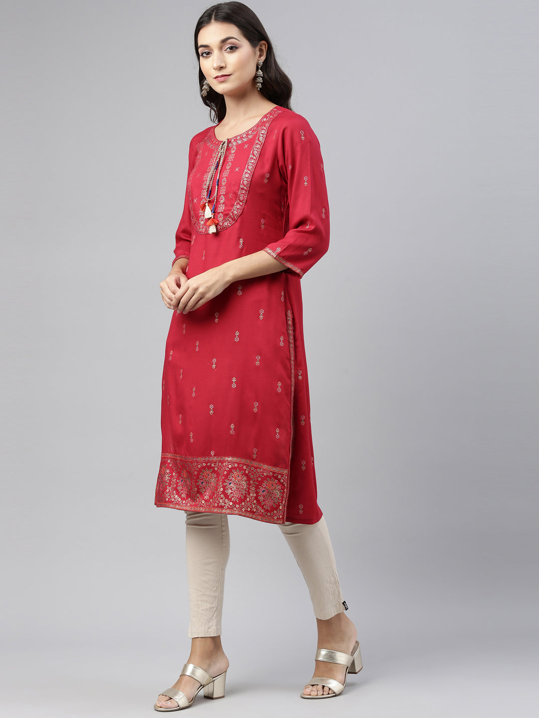 Neerus Red printed straight kurta - side view